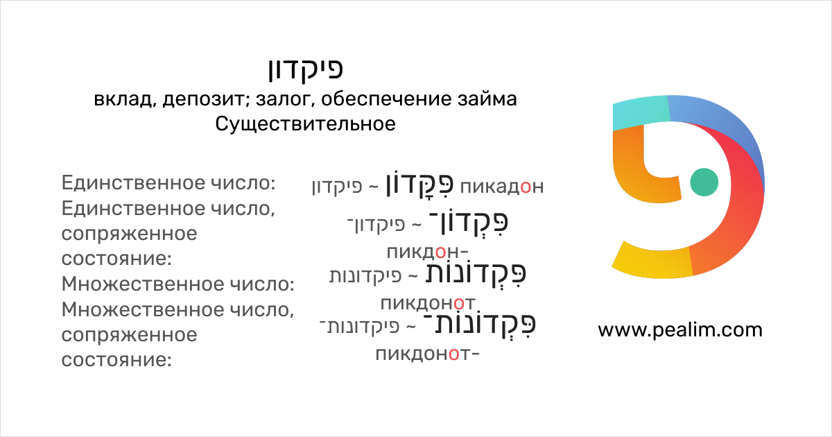 פיקדון – вклад, депозит; залог, обеспечение займа – Таблицы спряжения на иврите